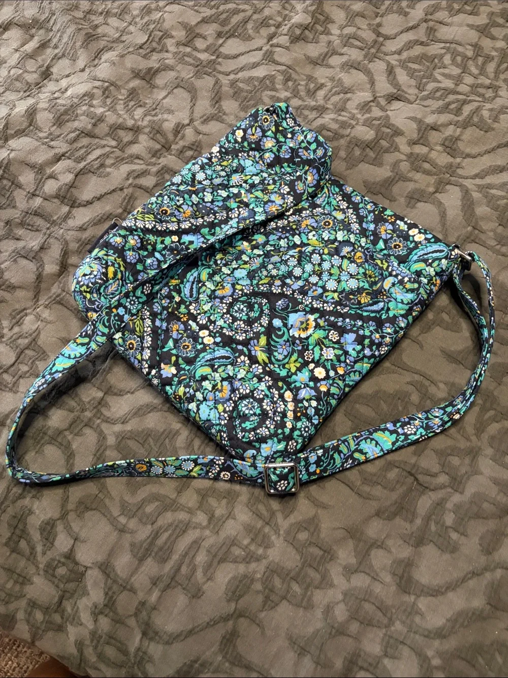 Vera Bradley Black Floral Quilted Crossbody with Teal and Yellow Accents